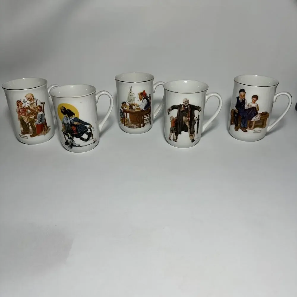 Norman Rockwell Collectible Mugs Set of 5 22K Gold Trim Vintage 1980s EUC